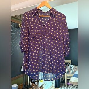 Express Clothing Navy Blouse with Yellow Bee Pattern